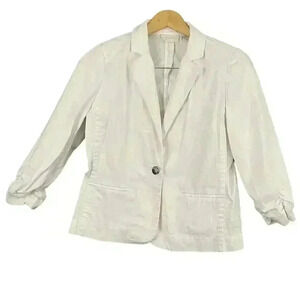 Chico's White Blazer Sz 0 3/4‎ Sleeve Cotton Blend Single Button Collar